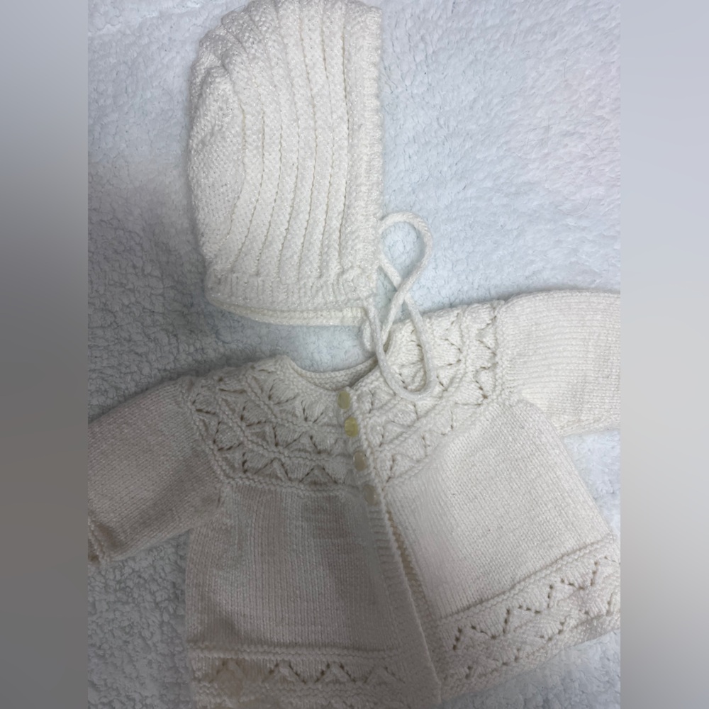 White Knit Baby Sweater with Bonnet - Picture 2 of 3